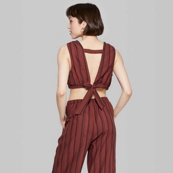 Wild Fable Striped V-Neck O Ring Tie Back Crop Top Red - Picture 3 of 9